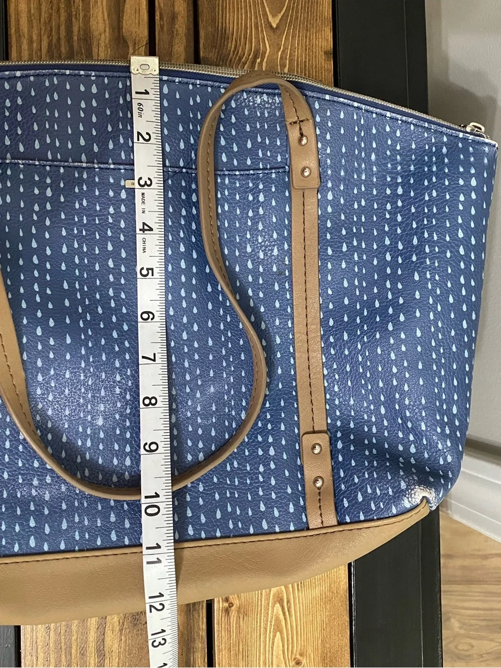 Relic Blue Printed Tote Bag with Tan Straps